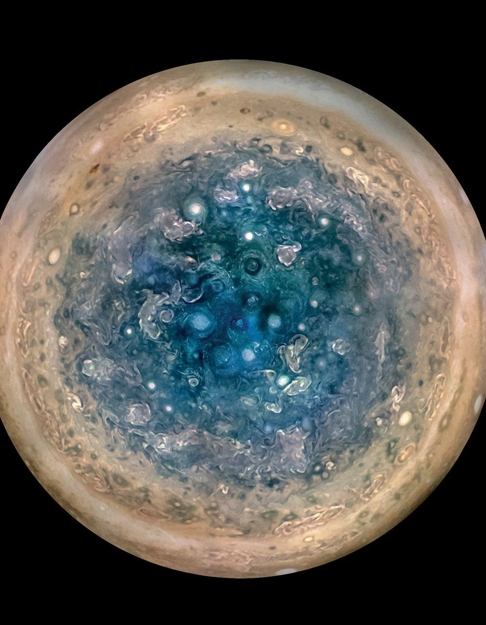 Close view of Jupiter's swirling cloud bands and storms